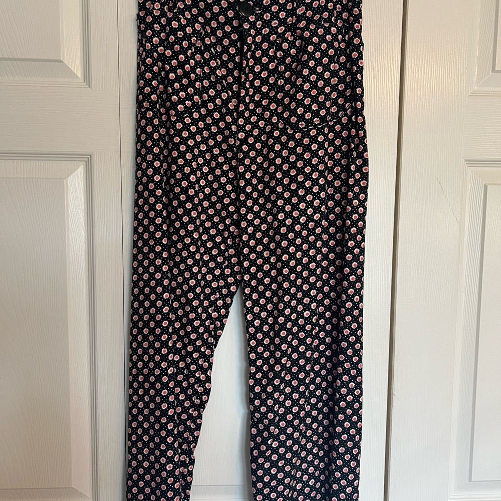 Maeve Black Wide-Leg Pants with Pink Floral Dot Print